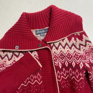 Eddie Bauer Full Zip wool blend Sweater Womans S Red Fair Isle Collard Nordic